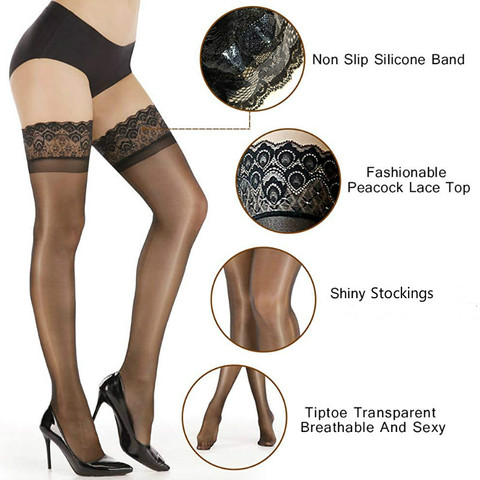 Women's Black Anti-Slip Thigh High Stockings with Lace Top