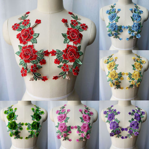 2PCS Red Rose Blue Purple 3D Flowers Embroidered Gown Appliques Lace Fabric Collar Sew Patches For Wedding Decoration DIY ► Photo 1/6