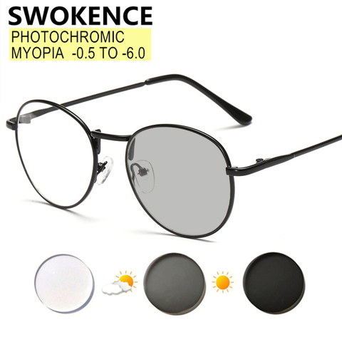 SWOKENCE Photochromic Myopia Glasses Prescription -0.5 to -6.0 Women Men Round Frame Chameleon Lens Nearsighted Spectacles F514 ► Photo 1/1