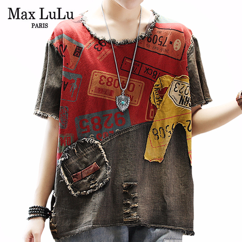 Max LuLu 2022 New Summer European Fashion Style Ladies Vintage Tee Shirts Women Denim Patchwork Ripped Tshirts Casual Streetwear ► Photo 1/6