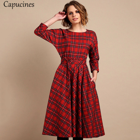 Classic England Style Red Plaid Dress Women Autumn 3/4 Sleeves O-Neck Sashes A-Line Casual Dress Vintage Midi Party Dresses ► Photo 1/6