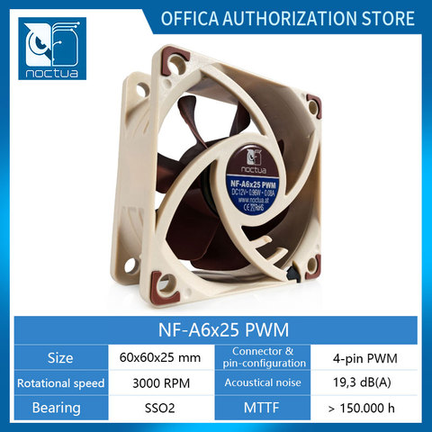 Noctua NF-A6X25 60x60x25mm 12V/5V 3pin/4pin PWM Intelligent Temperature Control SSO Magnetically Stable Bearing 6CM Fan ► Photo 1/1