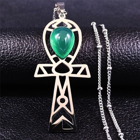 2022 Egyptian Cross Stainless Steel Green Stone Charm Necklace for Women Silver Color Necklace Jewelry collier femme NXS04 ► Photo 1/6