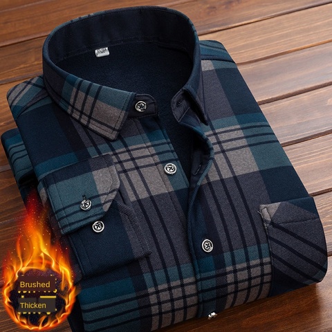 Formal Shirt For Men 2022 Long Sleeve Fleece Warm Plaid Oversized Plaid Collar Shirt Winter Velvet Clothing warm Plaid shirt 5XL ► Photo 1/6