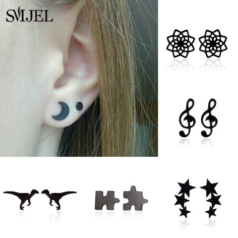 SMJEL Stainless Steel Black Earrings Small Geometric Three Star Puzzle Dragon Stud Earring Women Fashion Ear Jewelry Studs ► Photo 1/5