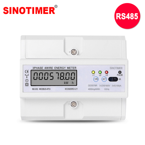 RS485 Modbus Rtu DIN Rail 3 Phase 4 Wire LCD Digital Wattmeter Electronic Power Consumption Energy Meter 5-100A 380V AC 50Hz ► Photo 1/6