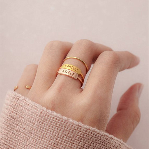 Skinny Jewelry Custom Engraved Name Ring Stainless Steel Rose Gold Personalized Handmade Stacking Bar Rings For Women Lover Gift ► Photo 1/6