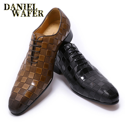 LUXURY ITALIAN LEATHER SHOES MEN NEW FASHION PLAID PRINTS LACE UP BLACK BROWN WEDDING OFFICE SHOES FORMAL OXFORD SHOES FOR MEN ► Photo 1/6
