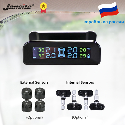 Jansite TPMS Car Tire Pressure Alarm Monitor System Real-time Display Attached to glass wireless Solar power tpms with 4 sensors ► Photo 1/6