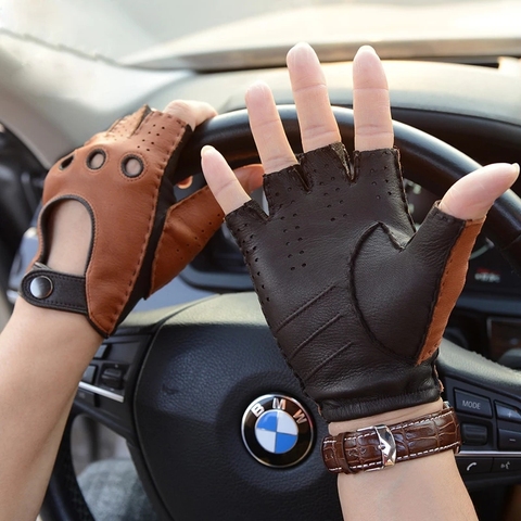 New Mens Leather Gloves Deerskin Gloves Fashion Male Half Fingerless Gloves Fingerless Unlined Non-slip Driving Gloves Mittens ► Photo 1/6