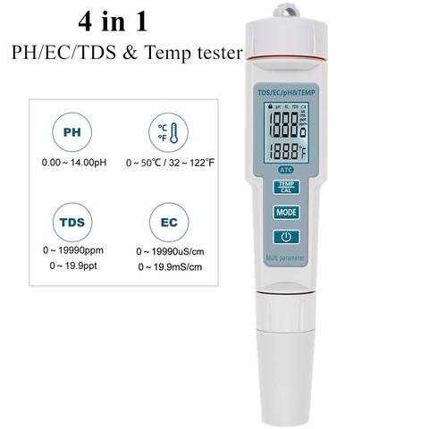 New 4 in 1 PH/EC/TDS&Temperature Meter Waterproof  PH Meter LED Water Quality Monitor Tester  PH tester for Pools Drinking Water ► Photo 1/6