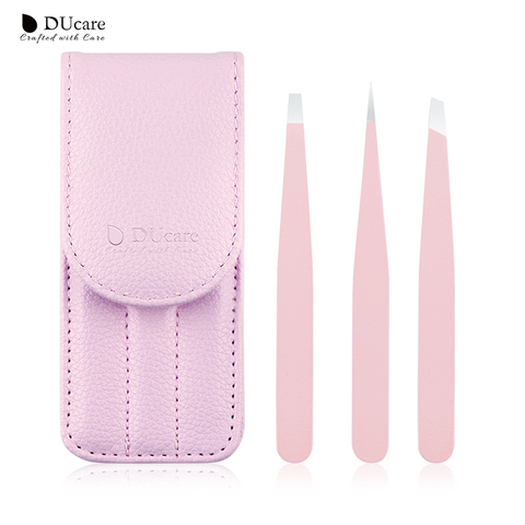 DUcare 3 PCS Eyebrow Tweezers Set Stainless Steel Flat Tip/Slant Tip/Point Tip Hair Removal Eye Tweezers with Pink Bag ► Photo 1/6