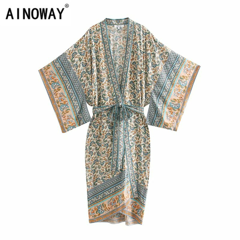 Vintage chic women florals print bat sleeve beach Bohemian Kimono dress Ladies V neck Tassel Summer Boho robe  vestidos ► Photo 1/6