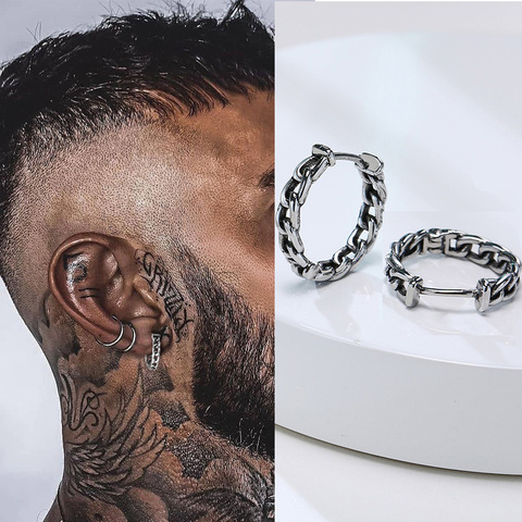 Silver Color Cuban Link Hoops Earring for Men Stainless Steel Miami Chain Huggie Earrings ► Photo 1/5