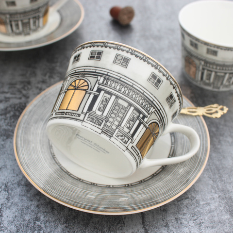 Schwanberg Coffee Set High-end coffee cup & saucer Gold-plated Plate Architectural Design Drinkware Swan Castle Bone China ► Photo 1/5