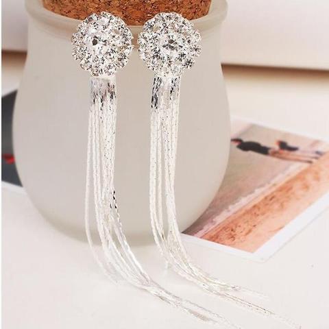 Classic Luxury Bridal Rhinestone Round Shape Long Tassel Clip on Earrings Non Piercing for Women Statement  Earrings ► Photo 1/6