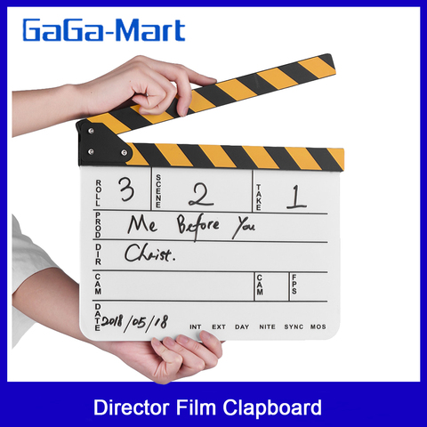Dry Erase Acrylic Director Film Clapboard Movie TV Cut Action Scene Clapper Board Slate with Yellow/Black Stick, Black ► Photo 1/6