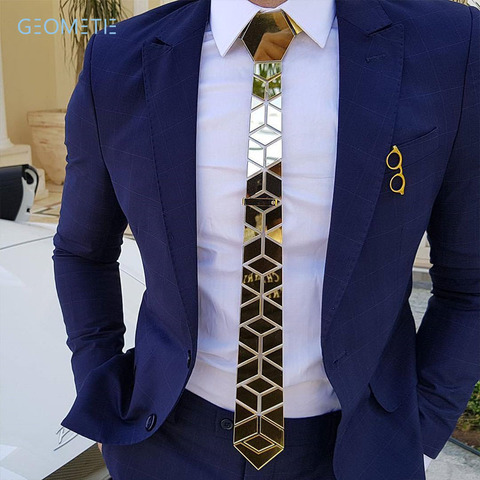 Glossy Gold Mirror Necktie Diamante Shape Slim Men Bling Accessory Wedding Night Club Singer DJ Fashion Show Party Tie Suits ► Photo 1/6