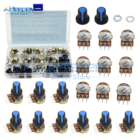 18Pcs/lot WH148 Single Potentiometer Kit 1K 5K 10K 20K 50K 100K 250K 500K 1M Rotary Potentiometer Resistor Set 3 Pin With Cap ► Photo 1/6