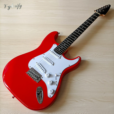 stock 6 string ST electric guitar full basswood body red high gloss finish 39 inch electric guitarra with white pickups ► Photo 1/6