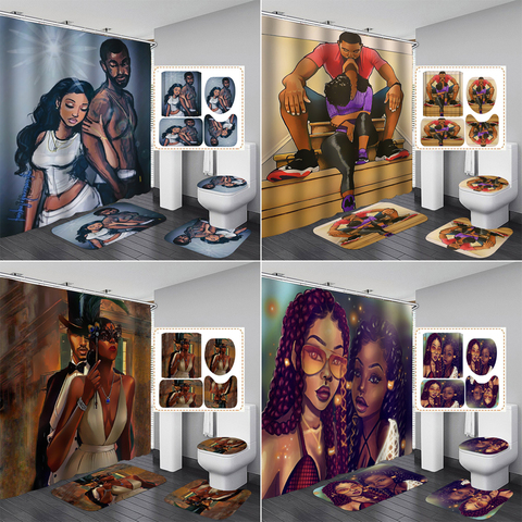 African Strong Man Sexy Girl Shower Curtain Sets Afro Lover Non-Slip Rugs Toilet Lid Cover and Bath Mat Bathroom Curtains Set ► Photo 1/6