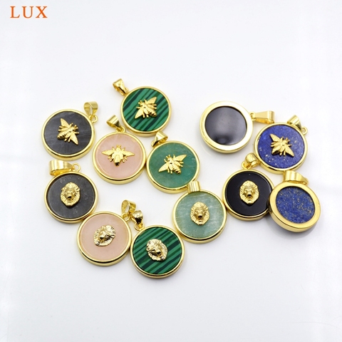 Bee Lion Round Gems stone Pendants Gold-Plated amethysts Rose Quartzs Lapis Amazonite Black Onyx Agates Coin Charms For Jewelry ► Photo 1/6