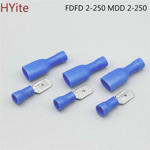 100pcs 50pairs 6.3mm 16-14AWG Female Male Electrical Wiring Connector Insulated Crimp Terminal Spade Blue FDFD 2-250 MDD 2-250 ► Photo 1/3