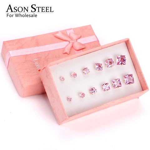 ASONSTEEL Romantic Jewelry Box Gift Pink Color Square Cubic Zironia Stainless Steel Anti-allergy 6pairs Earring Sets Ladies Gift ► Photo 1/6