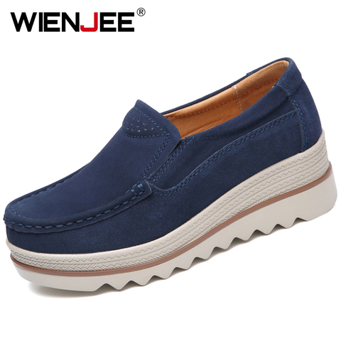 WIENJEE 2022 Spring Platform Women Shoes Flats Sneakers Suede Leather Women Casual Shoes Slip On Flats Heels Creepers Moccasins ► Photo 1/6