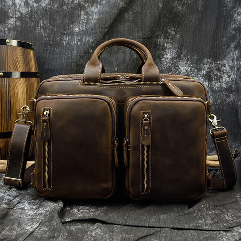 Men Business Briefcase Vintage Crazy Horse Genuine Leather 15inch Laptop Messenger Bag Cowhide Big Capacity Tote Office Handbag ► Photo 1/6