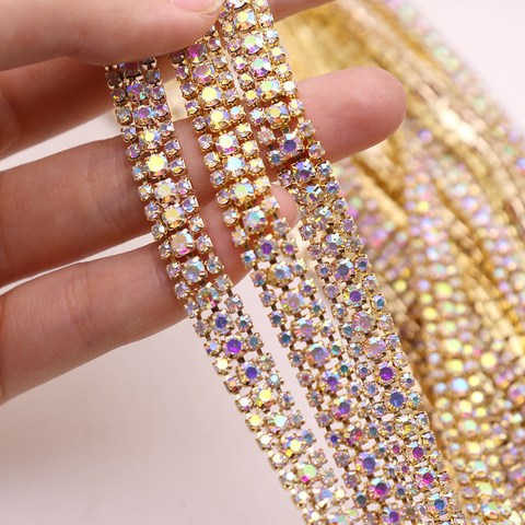 1 yard 3 rows crystal AB Rhinestone Cup Chain with Gold Base Claw Sew on Rhinetone Trim for DIY Wedding dress Shoes Decoration ► Photo 1/6