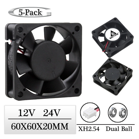 5 Pcs Gdstime DC 12V 24V 60x60x20mm Dual Ball Motor Cooling Fan 60mm x 20mm 6020 Brushless Equipment Case CPU Chip Cooler Fan ► Photo 1/6