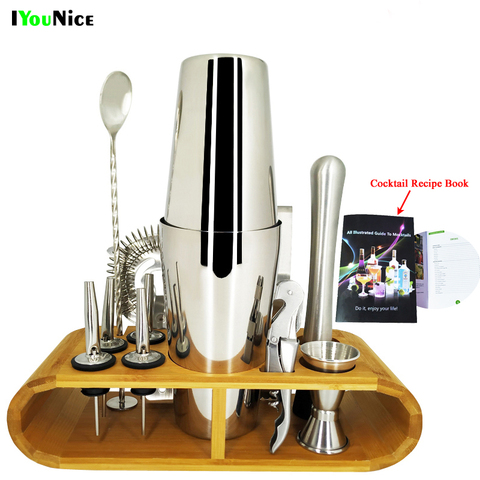 IYouNice 1-13pcs Stainless Steel Cocktail Hand Shaker Mixer Drink Barkeeper Tool Bar Set Kit Bartender Tool Wooden Stand Base ► Photo 1/6