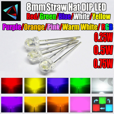 20PCS 8MM 0.25W 0.5W 0.75W Straw Hat Clear Warm White Green Red Blue Purple Yellow Orange Pink RGB DIY Light Emitting Diode Set ► Photo 1/5