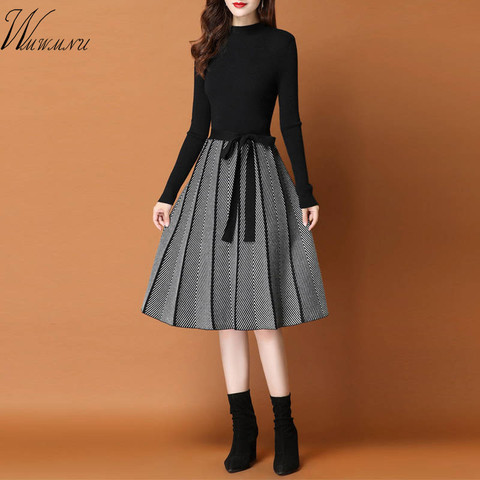 Elegant Knitted Sweater pleated Dress Female Autumn Winter Dress Long Sleeve Sweater  Women Dress Office Lady Casual Midi Dress ► Photo 1/6