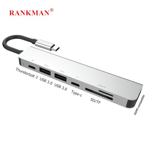 Rankman Type-C to HDMI 4K USB C PD SD TF Card Reader USB 3.0 Adapter Hub for MacBook Samsung S10 Dex Huawei Mate30 TV Projector ► Photo 1/6