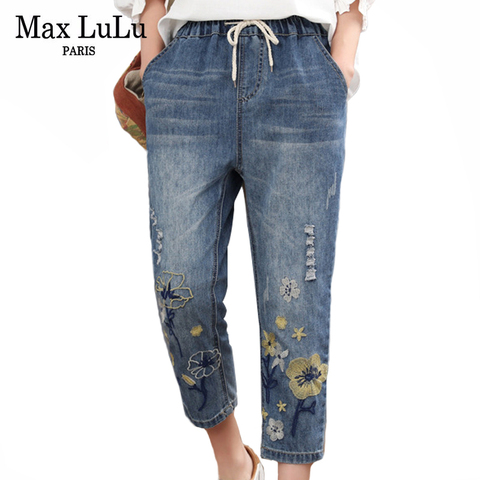 Max LuLu 2022 Chinese Summer Fashion Style Ladies Vintage Embroidery Jeans Women Casual Floral Denim Trousers Ripped Harem Pants ► Photo 1/6