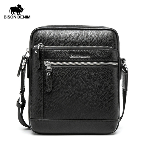 BISON DENIM Classic Black Male Bag Genuine Leather Business Crossbody Bag iPad Mens Messenger Bag Casual bolsas male N2845 ► Photo 1/6