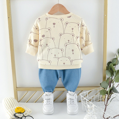 Baby boy cotton two-piece suit boy girl plus velvet warmth cartoon bear cute baby suit baby clothes cartoon t-shirt kid suit ► Photo 1/6