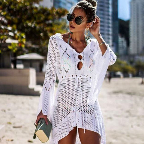 2022 Summer Women Beachwear Sexy White Crochet Tunic Beach Wrap Dress Woman Swimwear Swimsuit Cover-ups Bikini Cover Up #Q719 ► Photo 1/6