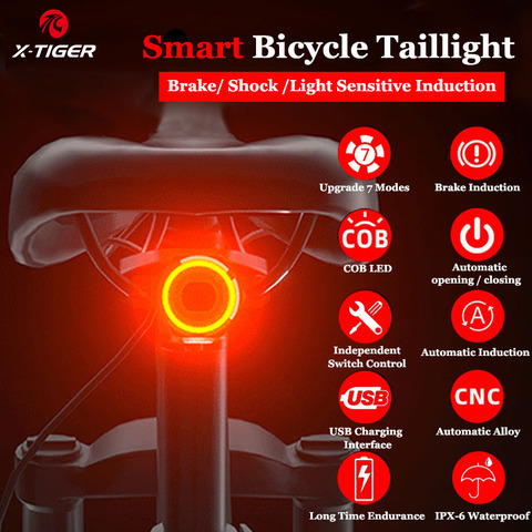 X-Tiger Bike Rear Light IPx6 Waterproof LED Charging Bicycle Smart Auto Brake Sensing Light Accessories Bike Taillight Light ► Photo 1/6