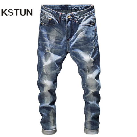 Ripped Jeans Men Slim Fit Light Blue Stretch Fashion Streetwear Frayed Hip Hop Distressed Casual Denim Jeans Pants Male Trousers ► Photo 1/5