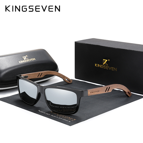 KINGSEVEN 100% Polarized Vintage Men Wooden Sunglasses Wood UV400 Protection Fashion Square Sun glasses Women  Gafas De sol ► Photo 1/4