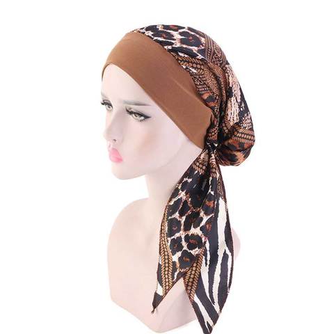 Women Muslim Hat Turban Long Tail Leopard Hair band Headband Elastic Solid Hijabs Hats Female Casual Flower Printed Headscarf ► Photo 1/6
