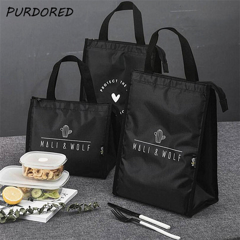 PURDORED 1 Pc Black Cactus Pattern Lunch Bag Thermal  Picnic Lunch Box Bag Insulation Bento Pouch Travel Food Fruit Organizer ► Photo 1/6