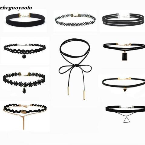 Best Offer New Fashion 10 Pieces Women Black Rope Choker Necklace Set Velvet Stretch Classic Gothic Lace Choker Chain 1 Set ► Photo 1/1