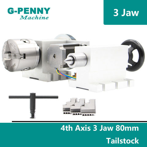3 Jaw 80mm chunk 4th Axis A axis Ratory Axis with nema23 motor  Tailstock dividing head Rotation 6:1  for  CNC router engraving ► Photo 1/6