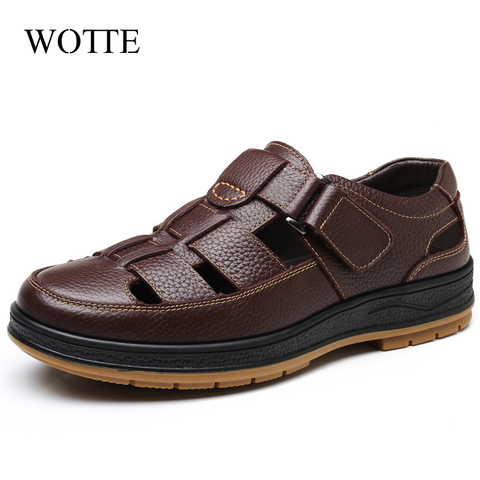 WOTTE Classic Sandals  Men Genuine Leather sandaliasHollow Out Casual Shoes Comfortable Solid Outdoor Mens Shoes zapatos hombre ► Photo 1/6