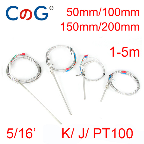 CG 5/16' K J PT100 Type 1m 2m 3m 5m Wire Cable 50mm 100mm 150mm 200mm Probe Thermocouple Temperature Sensor for Temp Controller ► Photo 1/6