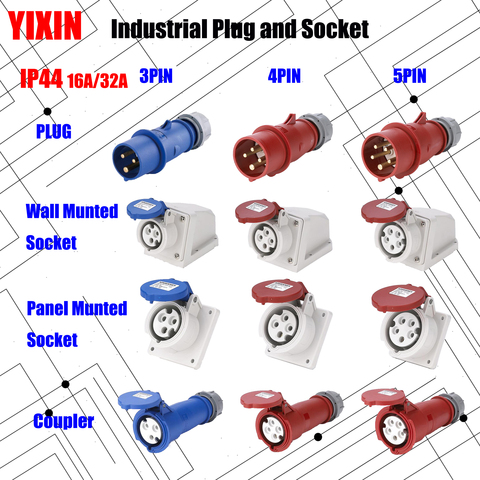 MN Industrial Plug and Socket 16A 32A 3 pin 4 pin 5 pin ip44 Wall Mounted Socket Panel Mounted Coupler 220V 380V 415V ► Photo 1/6